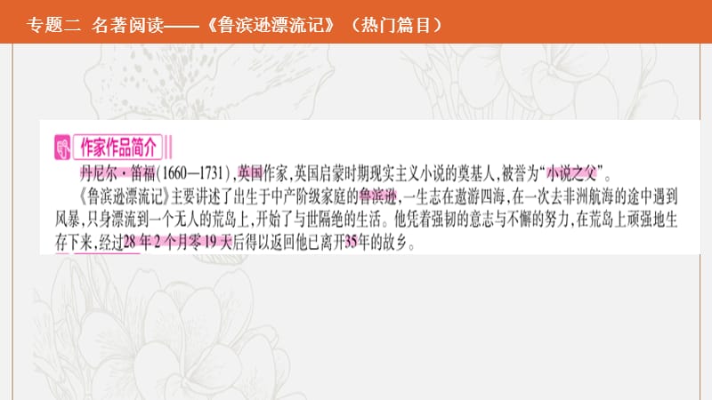 安徽专用2019年中考语文总复习第二部分语文积累与综合运用专题二名著阅读鲁滨逊漂流记课件2.pptx_第2页