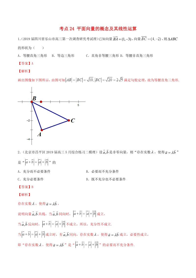 2020年高考数学一轮复习考点24平面向量的概念及其线性运算必刷题理含解.pdf_第1页