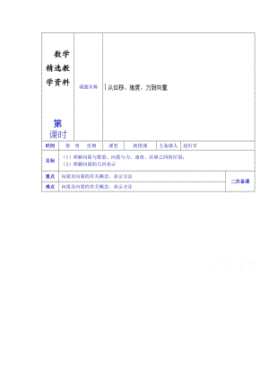 【精选】人教版高中数学学案必修四《第二章 从位移、速度、力到向量》.doc