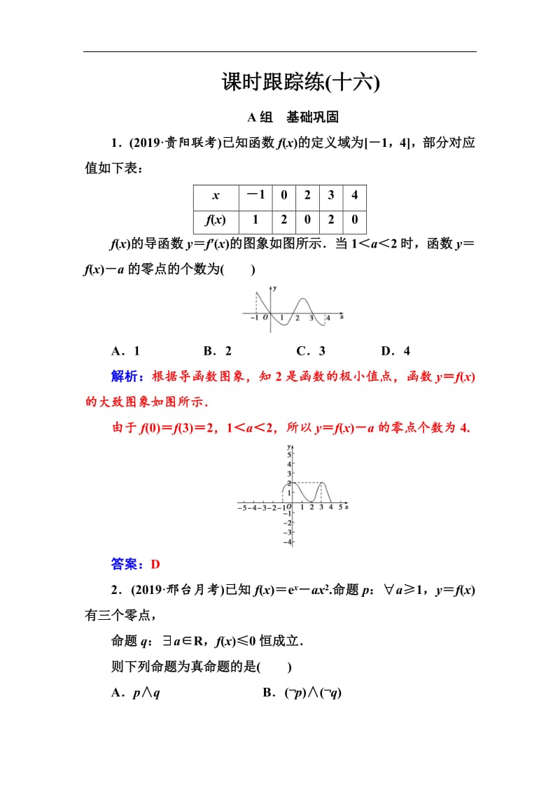 2020届高考数学（文科）总复习课时跟踪练：（十六）导数与函数的零点（提升课） Word版含解析.pdf_第1页