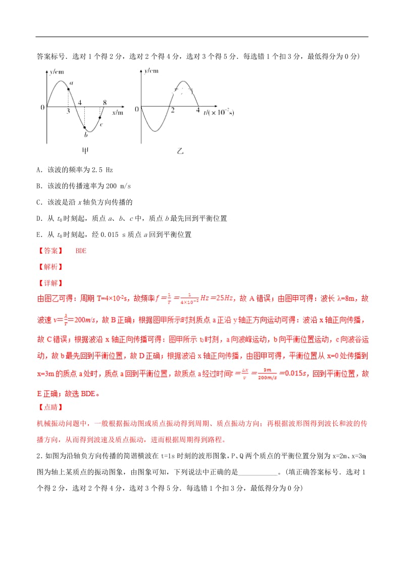 2019年高考物理二轮复习专题15机械振动和机械波练含解析2.pdf_第3页