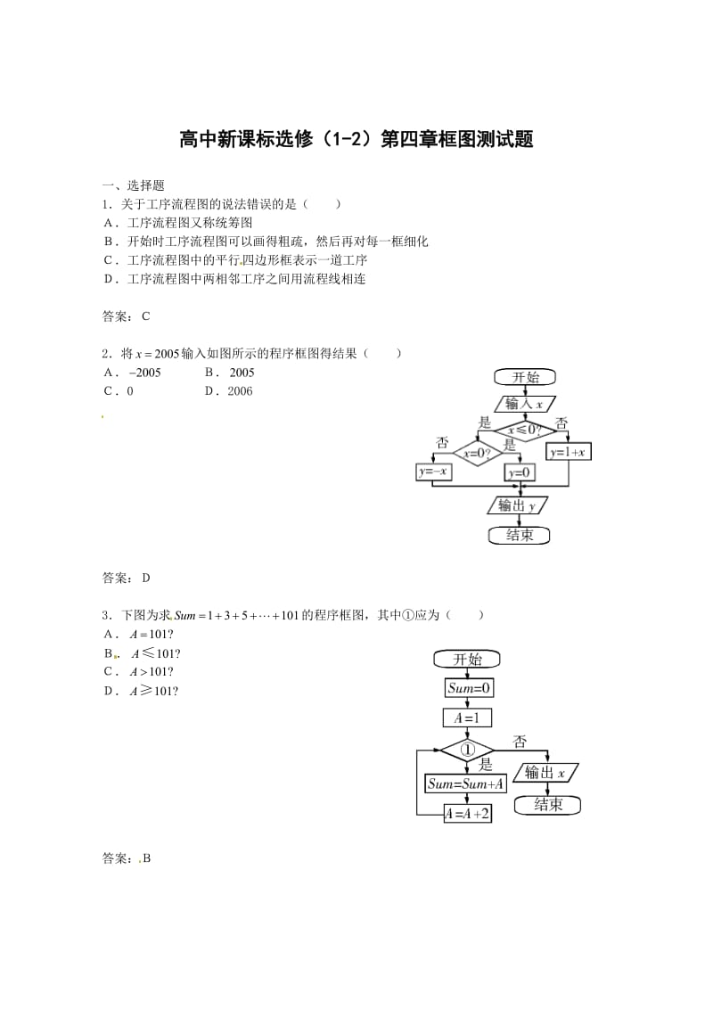 精校版人教A版数学选修1-2 第4章《框图》单元测试卷（4）（含答案解析）.doc_第1页