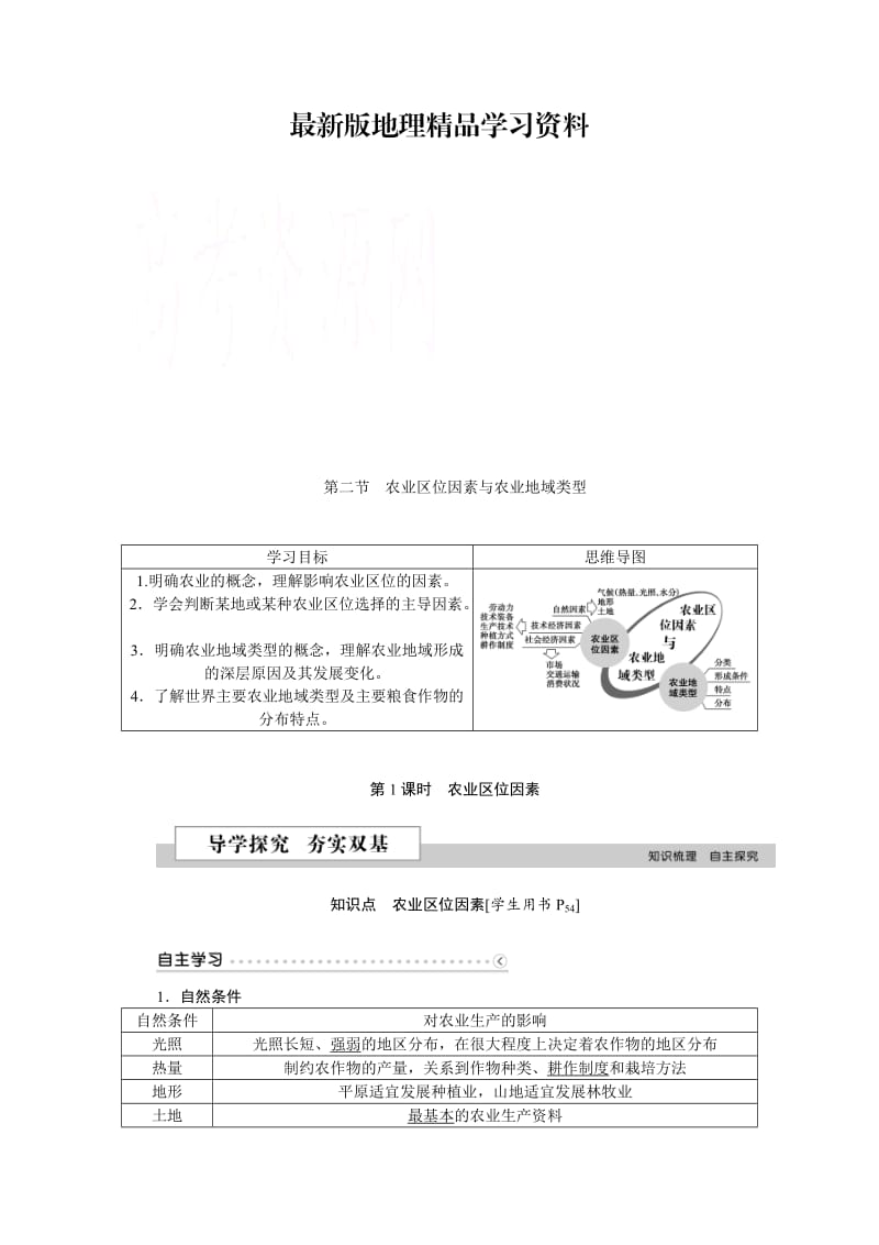 【最新】优化方案高中地理湘教版必修二学案 第三章 区域产业活动 第二节第1课时农业区位因素.doc_第1页