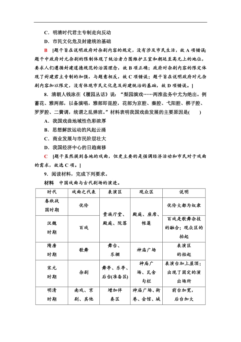 2019-2020同步岳麓历史必修三新突破课时分层作业：10　梨园春秋 Word版含解析.pdf_第3页