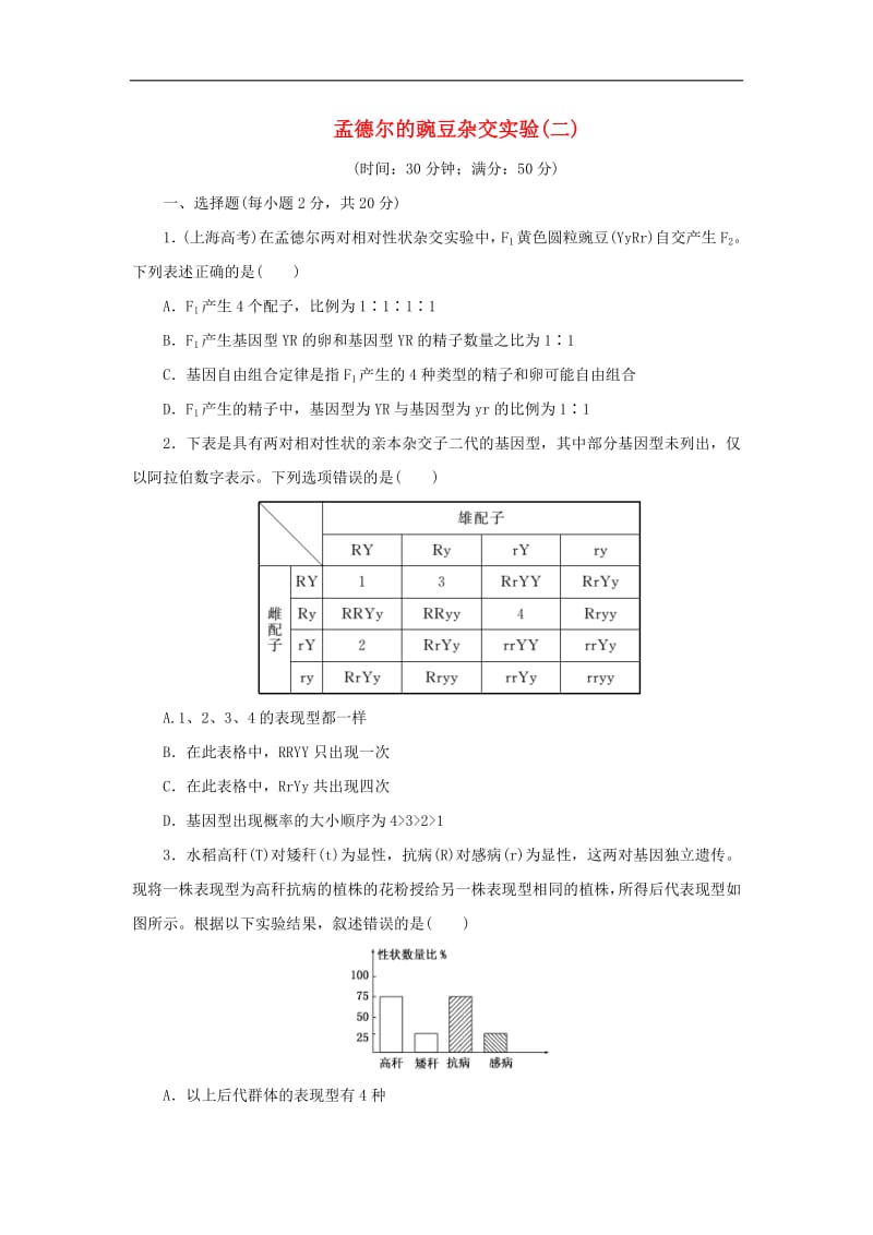 2019高中生物课时达标训练二孟德尔的豌豆杂交实验二含解析新人教版必修.pdf_第1页