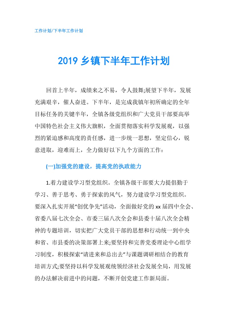 2019乡镇下半年工作计划.doc_第1页