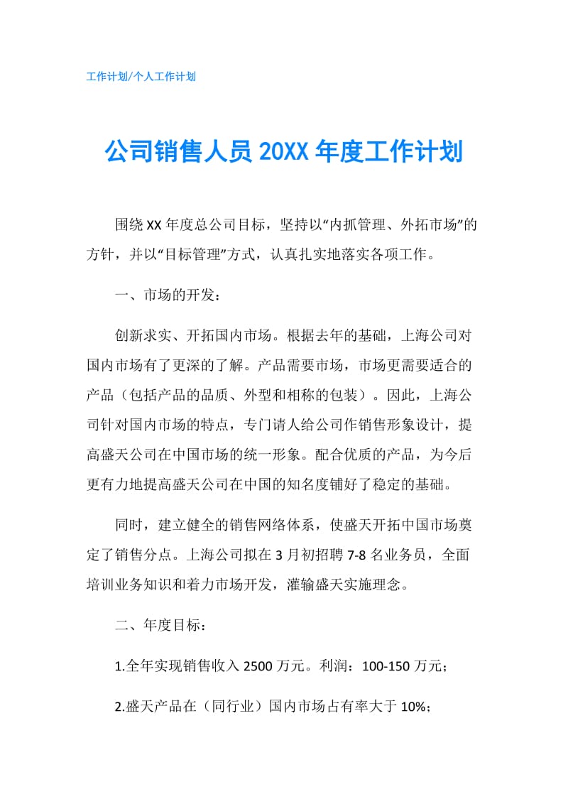 公司销售人员20XX年度工作计划.doc_第1页