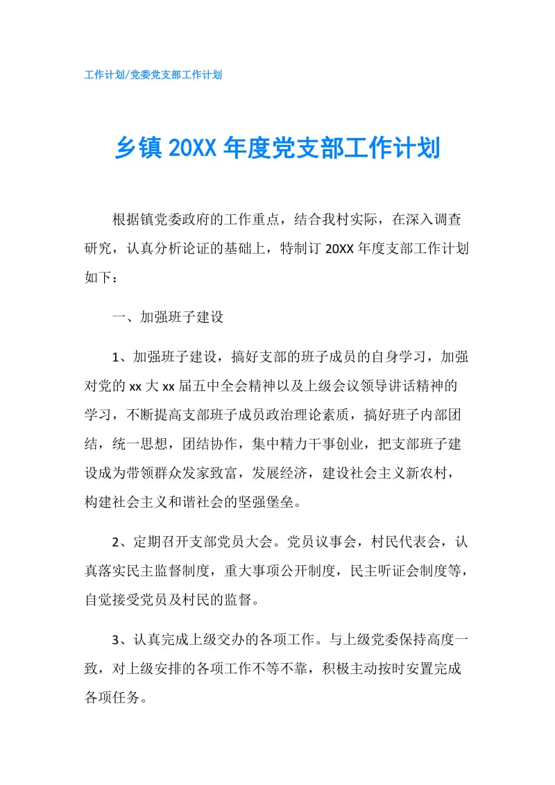 乡镇20XX年度党支部工作计划.doc_第1页