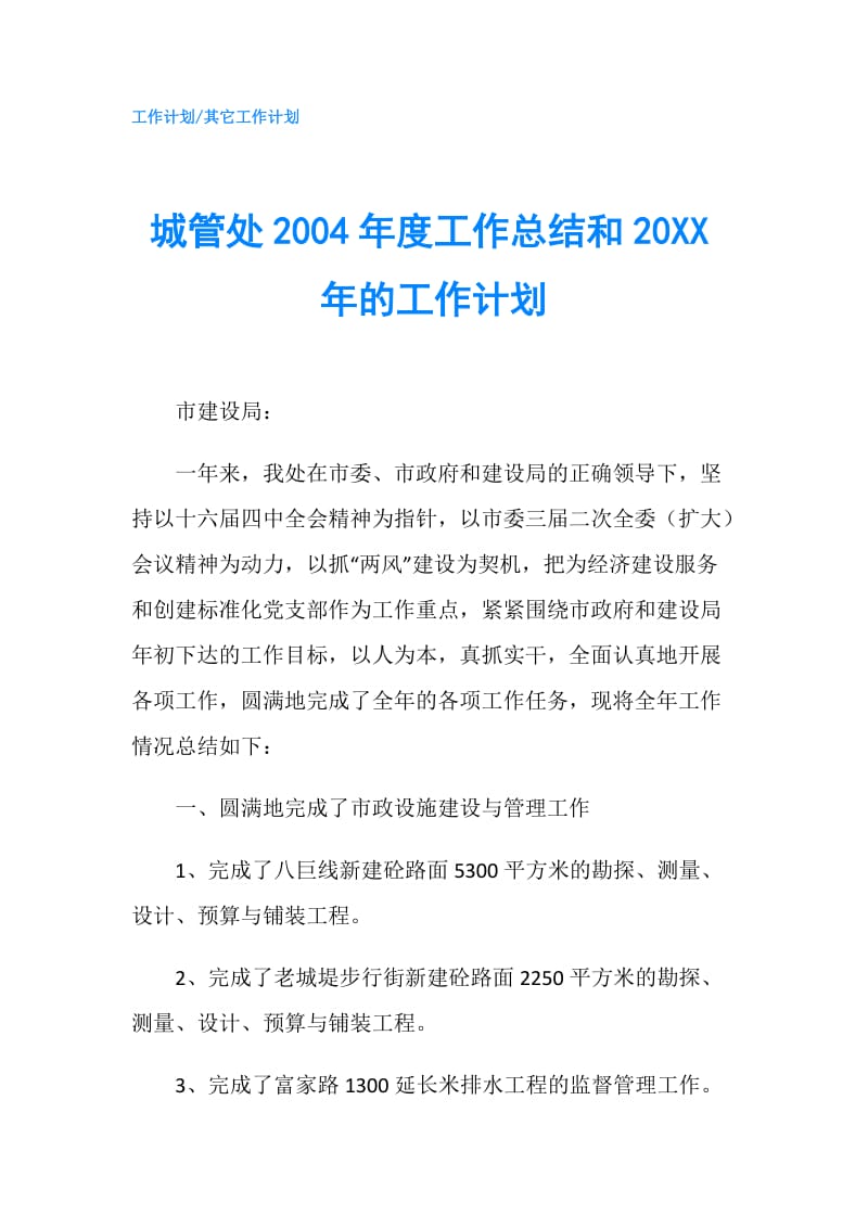 城管处2004年度工作总结和20XX年的工作计划.doc_第1页