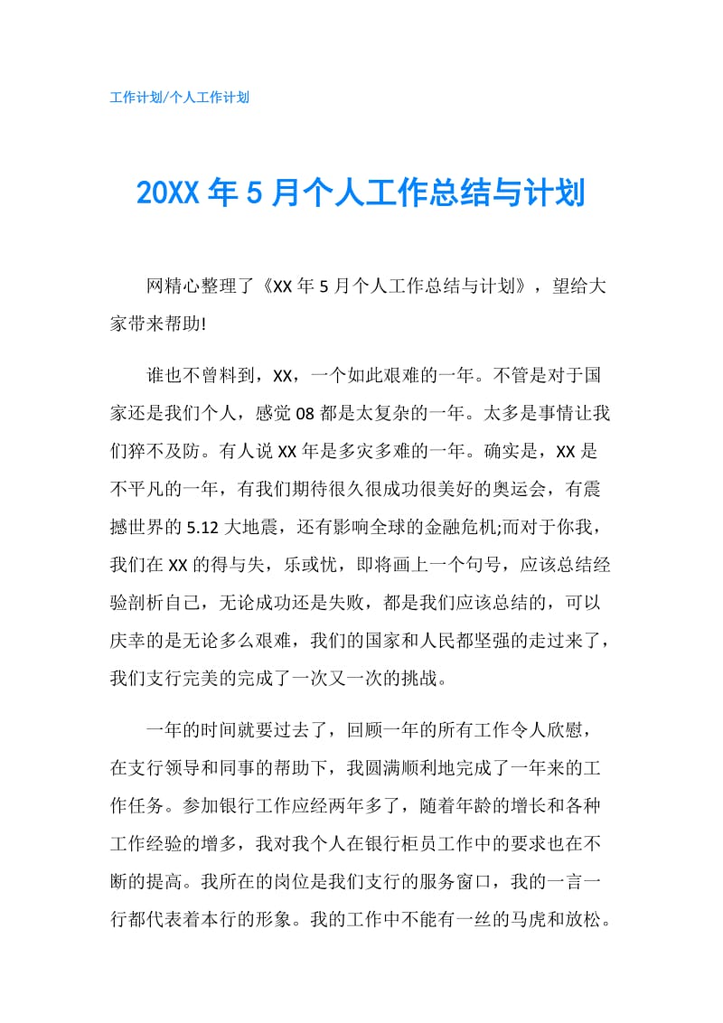 20XX年5月个人工作总结与计划.doc_第1页