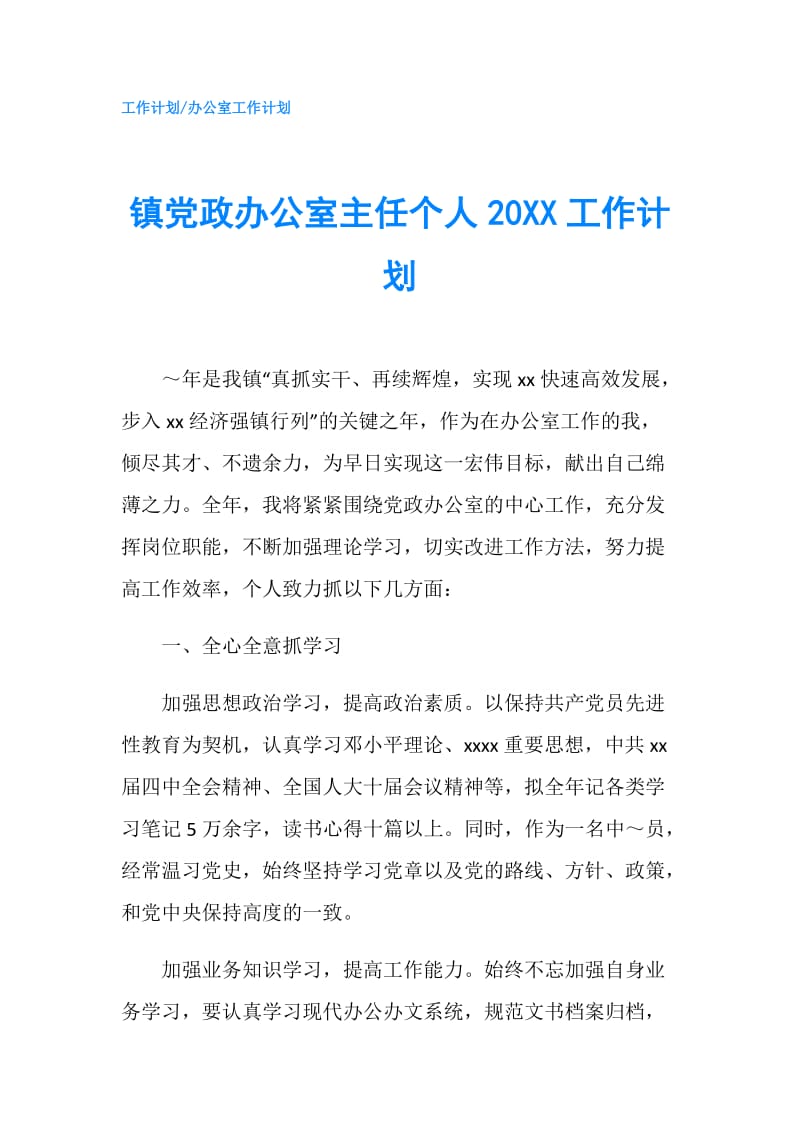 镇党政办公室主任个人20XX工作计划.doc_第1页