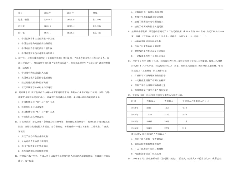 备战2020年高考高三一轮单元训练金卷： 历史 第五单元 近代中国经济结构的变动与资本主义发展 B卷 Word版含答案.pdf_第2页