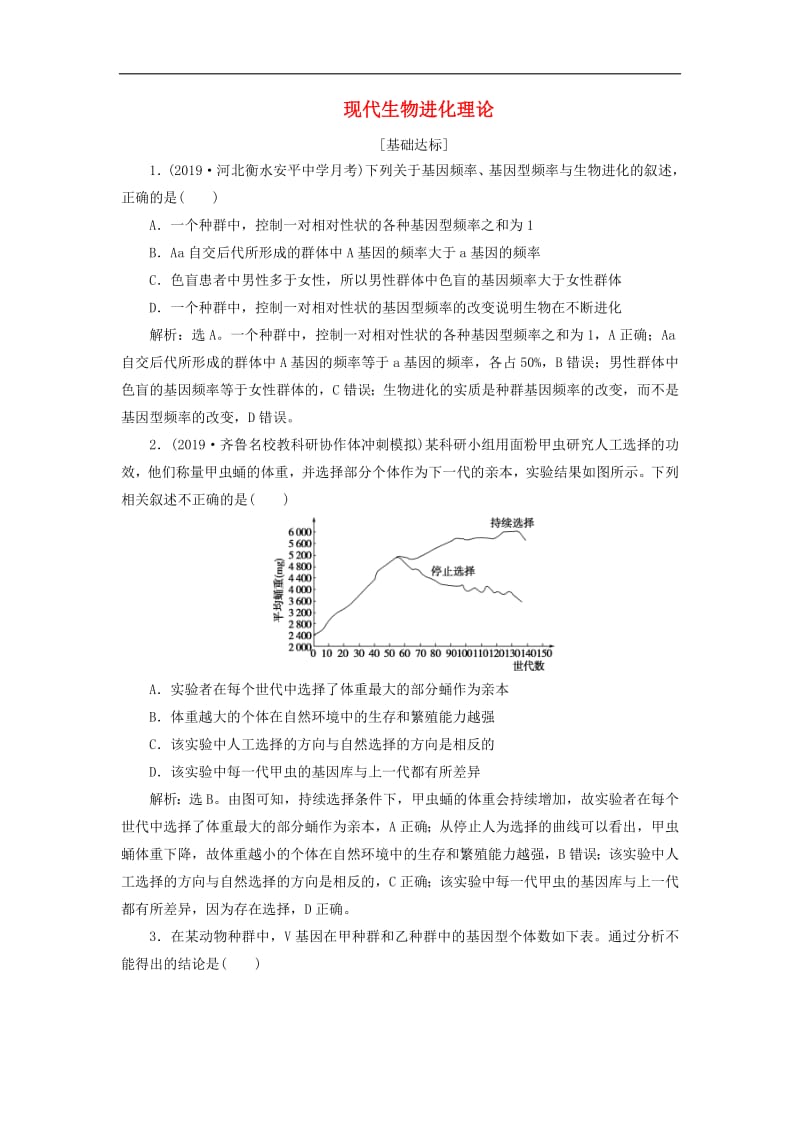 人教通用版2020版高考生物新探究大一轮复习第24讲现代生物进化理论检测含解析.pdf_第1页