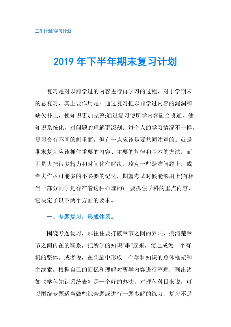 2019年下半年期末复习计划.doc_第1页