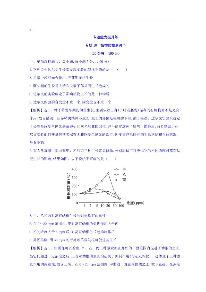 2019版高中生物二轮复习练习：专题十 植物的激素调节 专题能力提升练 专题10 Word版含答案.doc_第1页