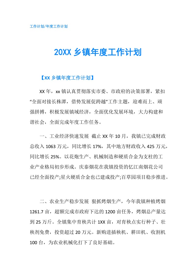 20XX乡镇年度工作计划.doc_第1页