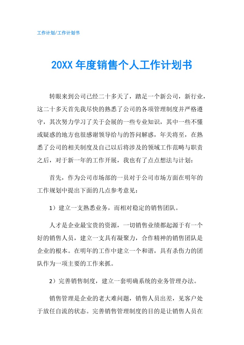 20XX年度销售个人工作计划书.doc_第1页