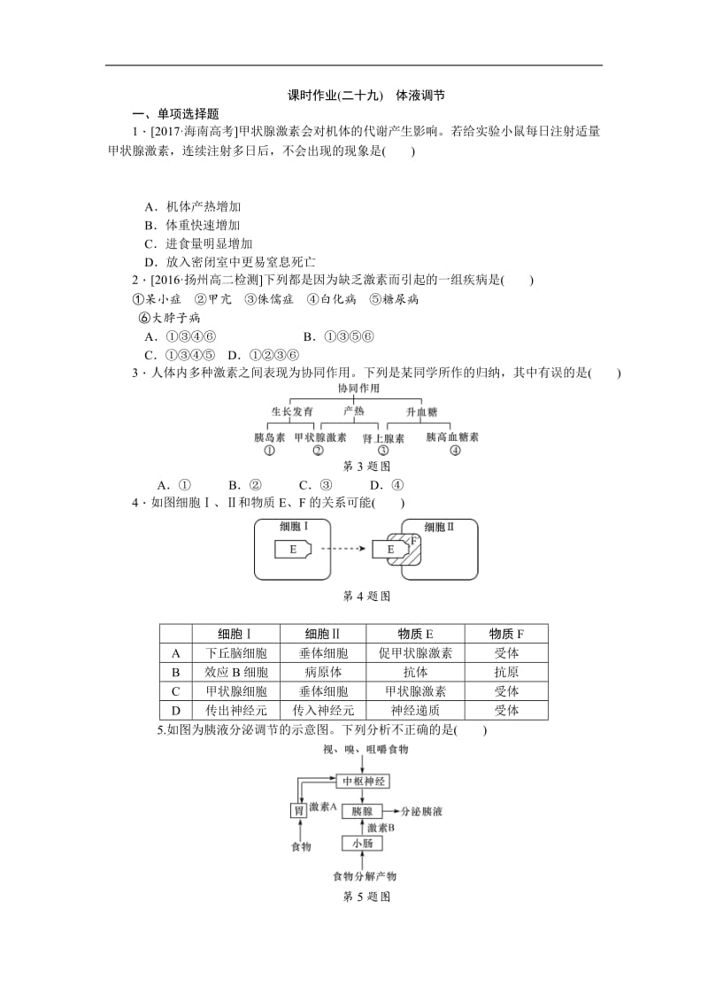 2019年高考生物（江苏专用）一轮课时作业：（二十九）　体液调节 Word版含解析.doc_第1页