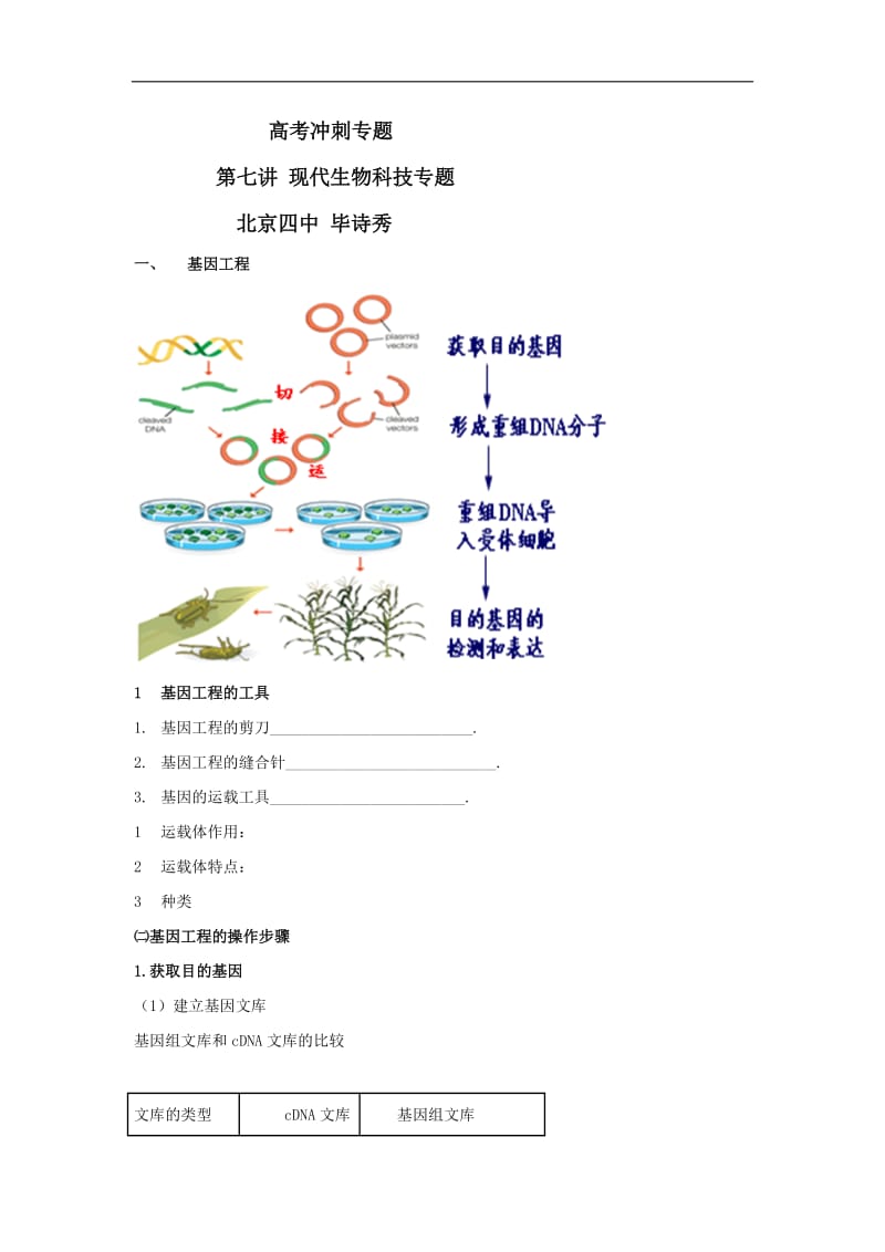 北京市第四中学高考生物总复习例题讲解：专题突破 第七讲 现代生物科技专题 .doc_第1页