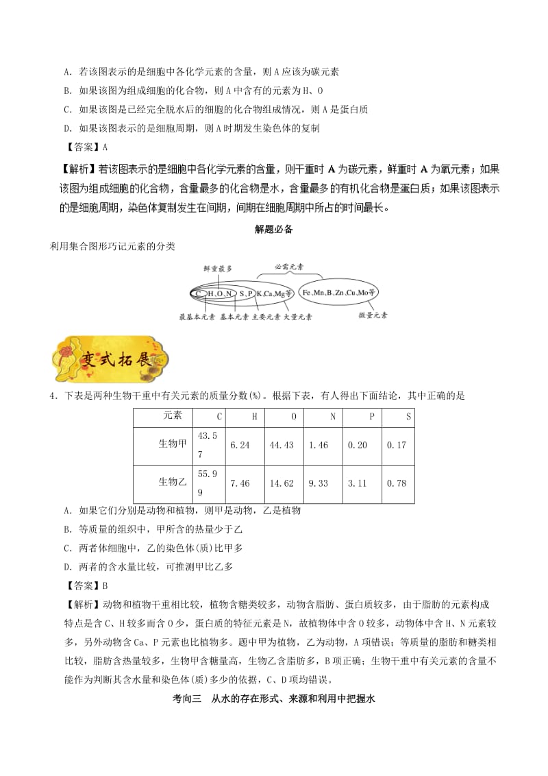 备战2019年高考生物训练题： 考点一遍过 专题02 细胞中的元素、化合物和无机物.doc_第3页