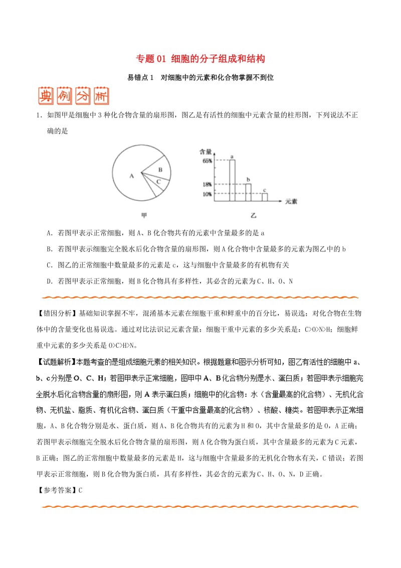 备战2019年高考生物训练题： 纠错笔记 专题01 细胞的分子组成和结构.doc_第1页