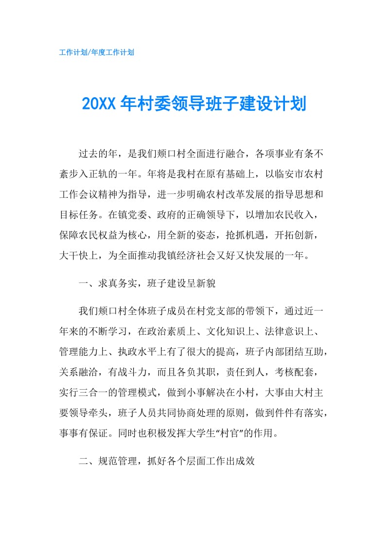 20XX年村委领导班子建设计划.doc_第1页