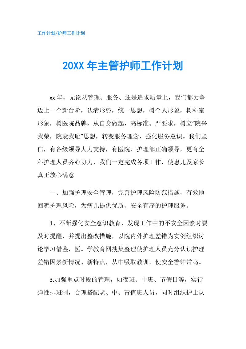 20XX年主管护师工作计划.doc_第1页