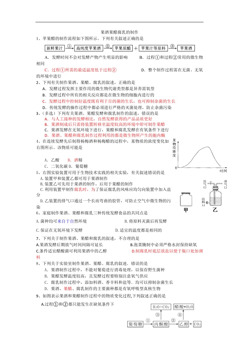 江苏省包场高级中学人教版高中生物高考复习同步测试：果酒果醋腐乳1 Word版含解析.doc_第1页