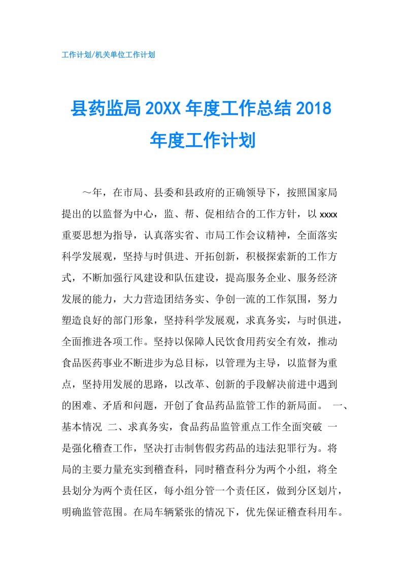 县药监局20XX年度工作总结2018年度工作计划.doc_第1页