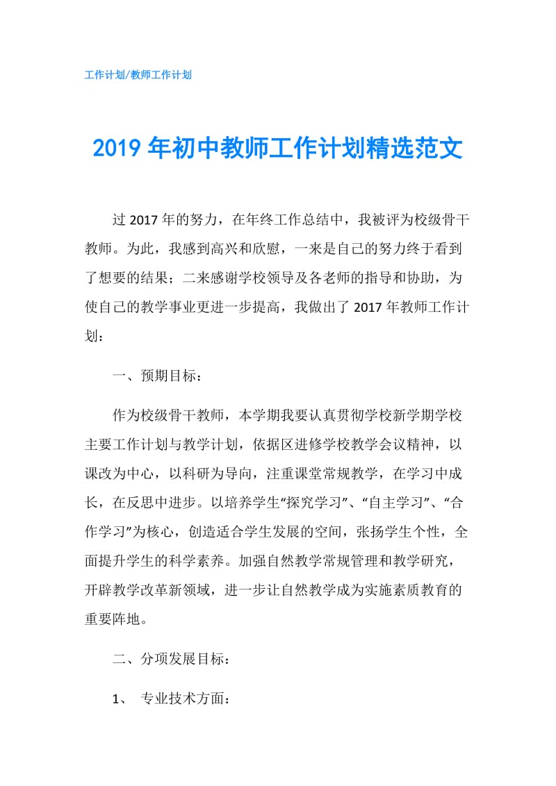 2019年初中教师工作计划精选范文.doc_第1页