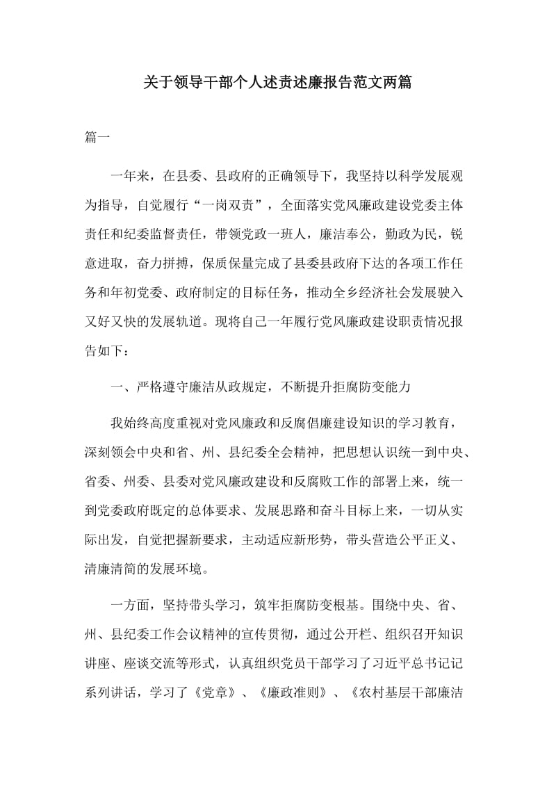 关于领导干部个人述责述廉报告范文两篇.docx_第1页