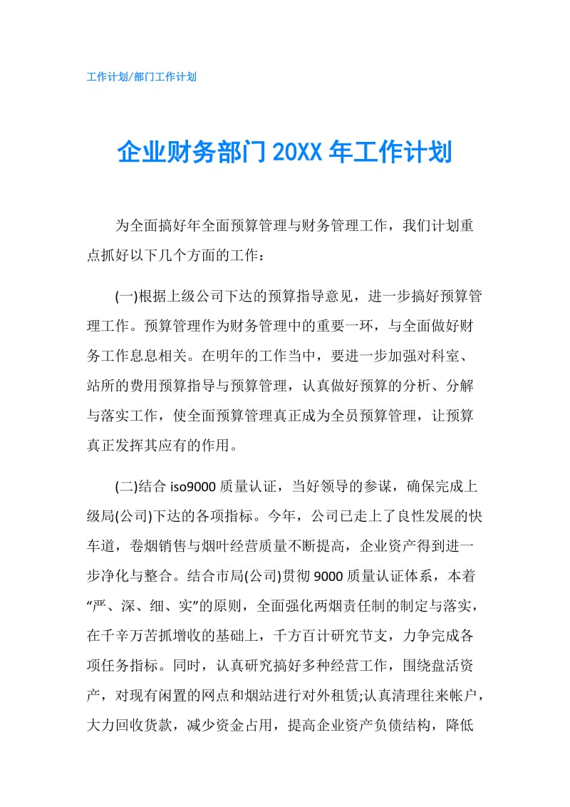 企业财务部门20XX年工作计划.doc_第1页