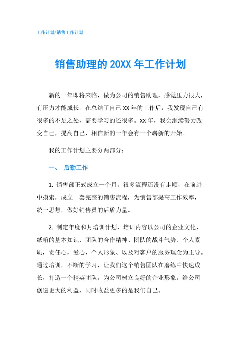 销售助理的20XX年工作计划.doc_第1页