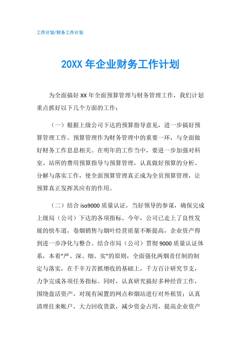 20XX年企业财务工作计划.doc_第1页