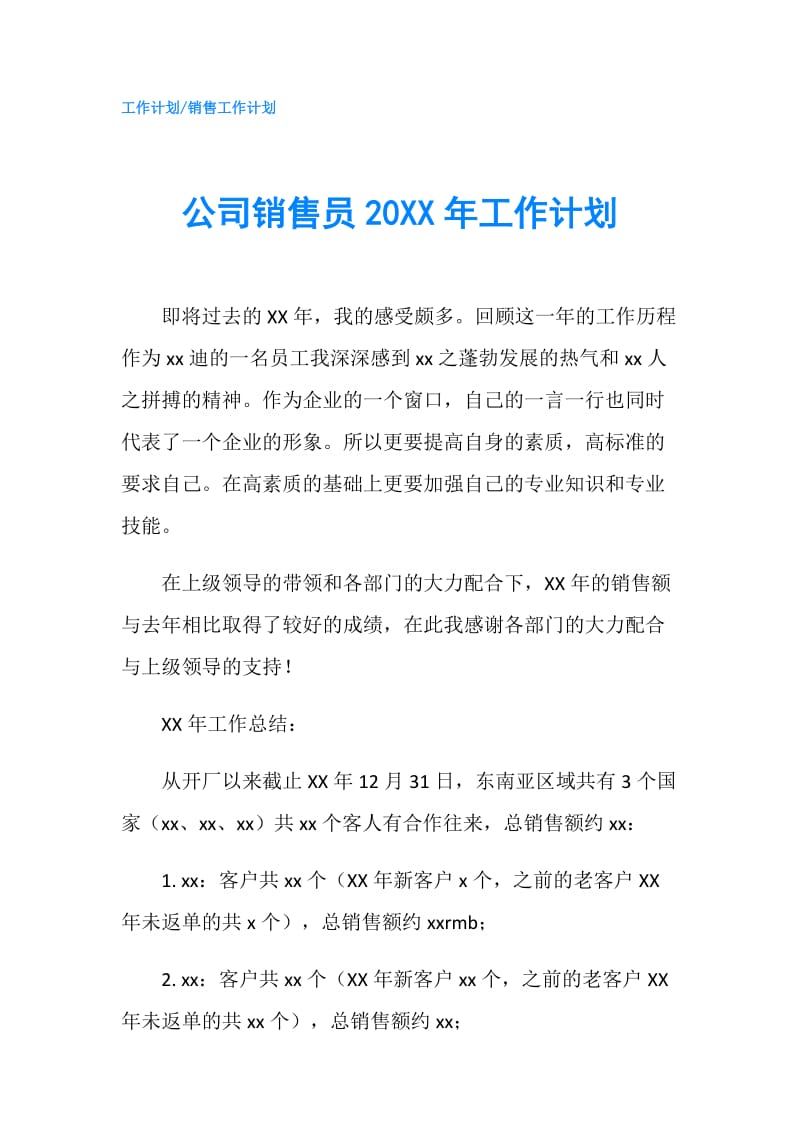 公司销售员20XX年工作计划.doc_第1页