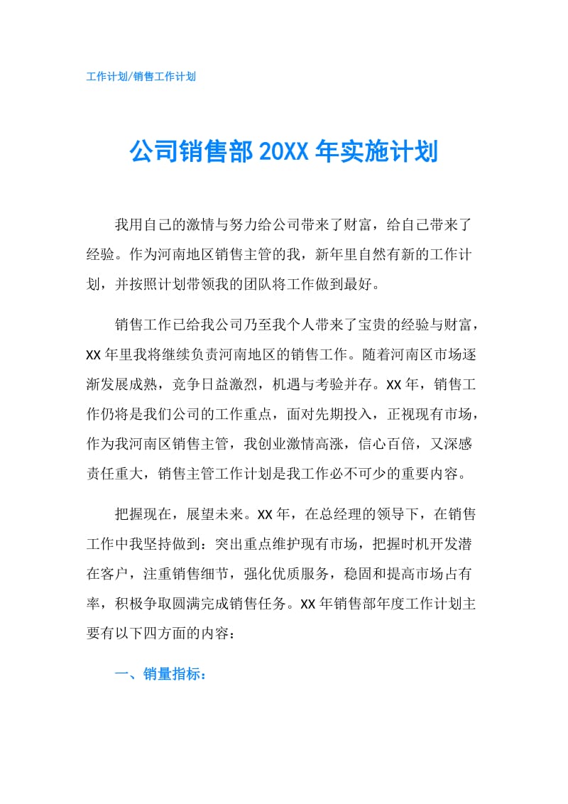 公司销售部20XX年实施计划.doc_第1页