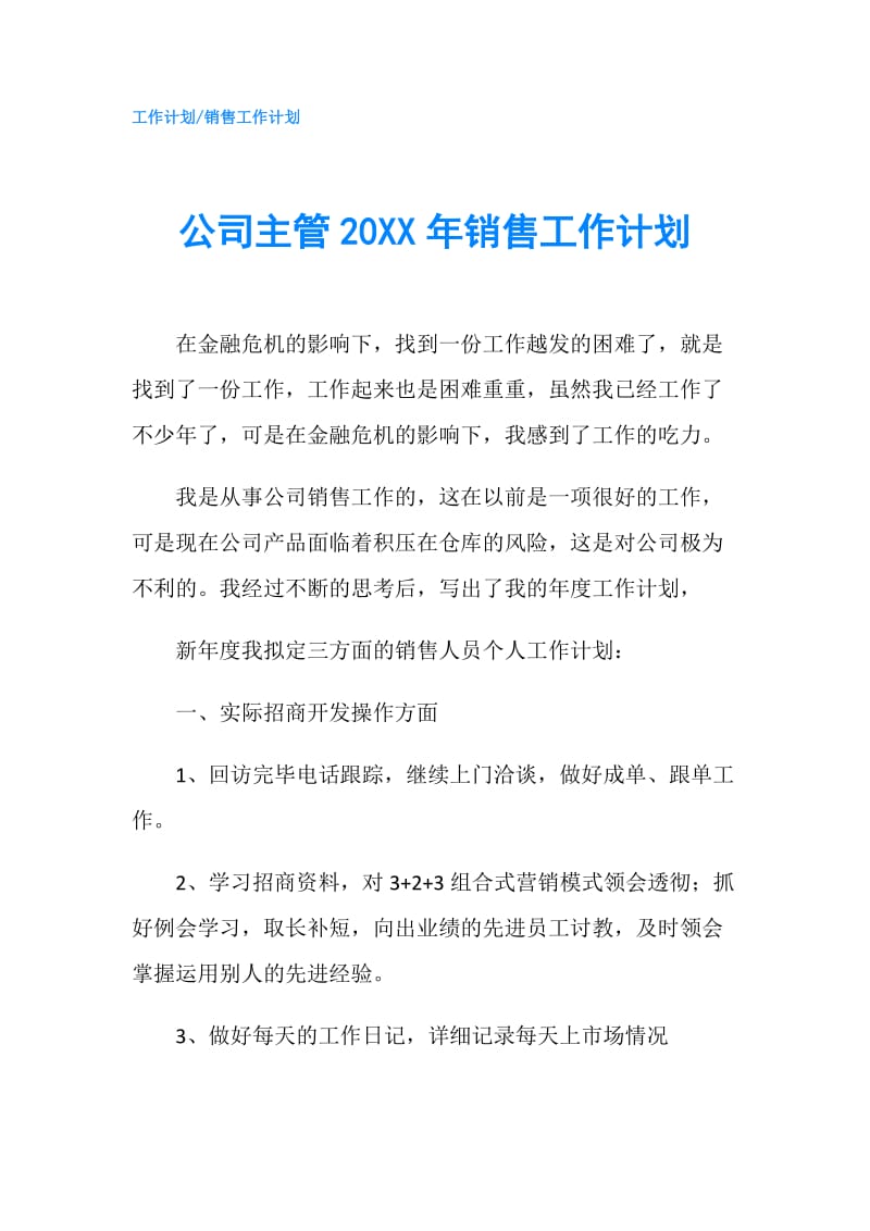 公司主管20XX年销售工作计划.doc_第1页