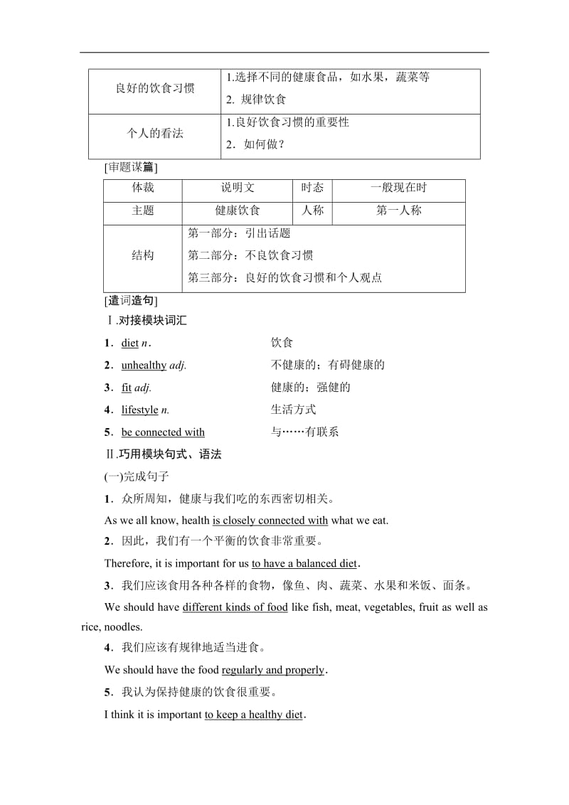 2019-2020同步外研英语必修二新突破讲义：Module 1 Section Ⅴ　Writing——关于健康问题的说明文 Word版含答案.pdf_第2页