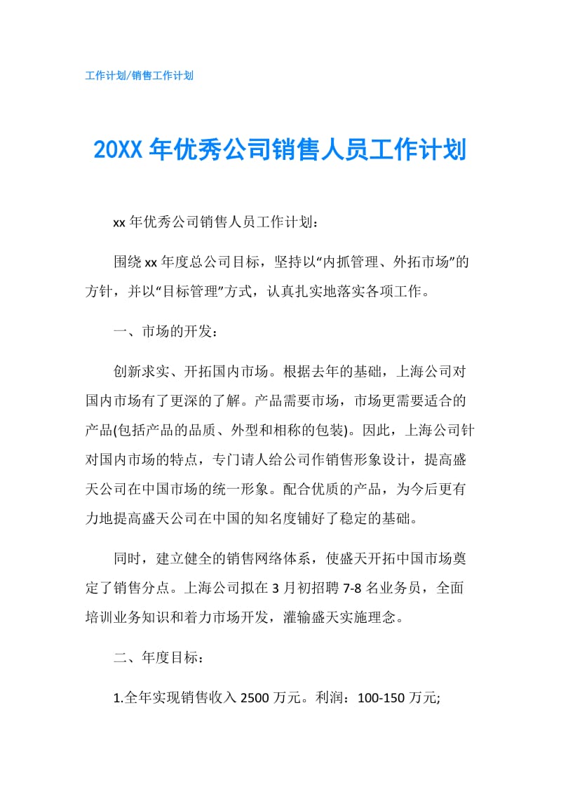 20XX年优秀公司销售人员工作计划.doc_第1页