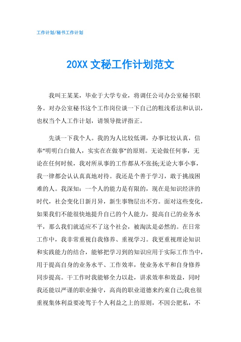 20XX文秘工作计划范文.doc_第1页