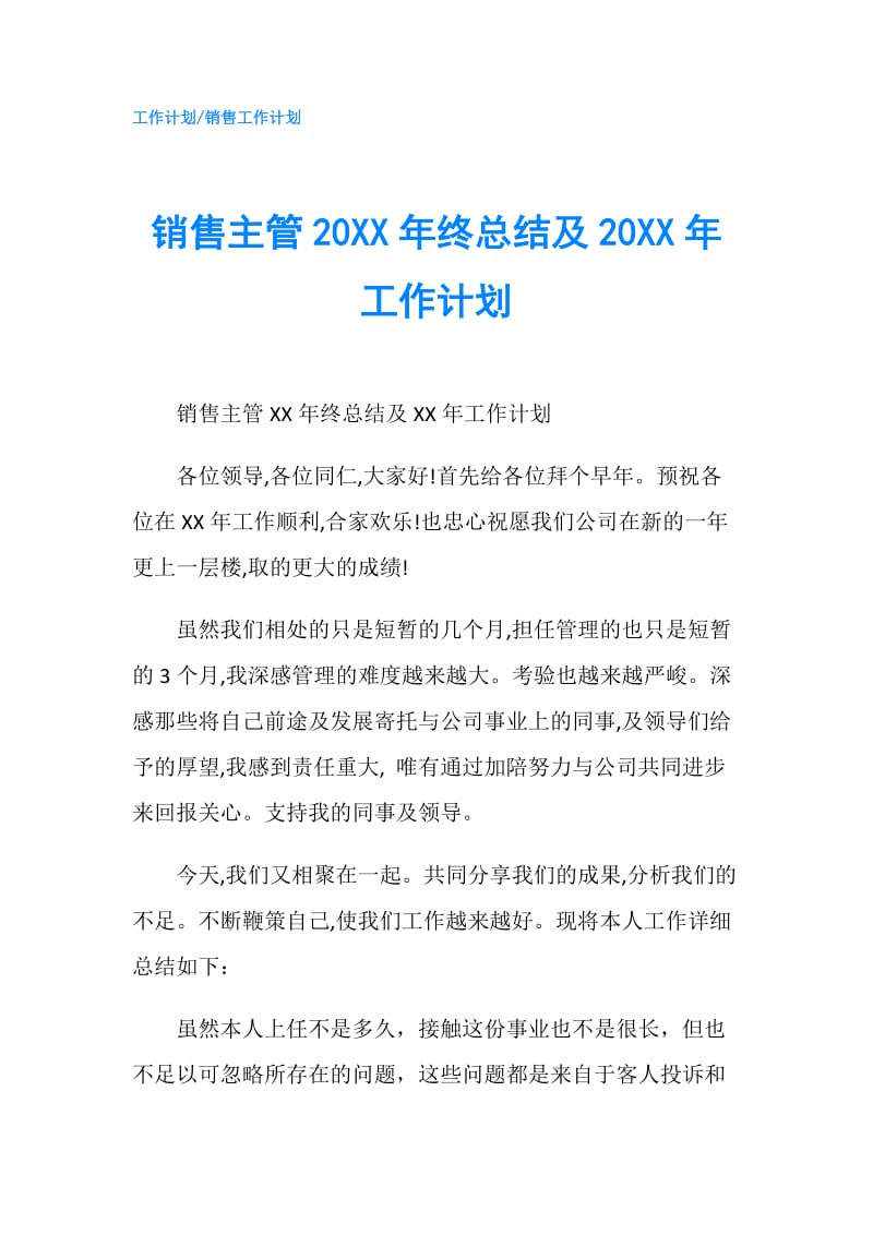 销售主管20XX年终总结及20XX年工作计划.doc_第1页