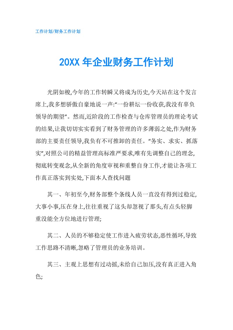 20XX年企业财务工作计划.doc_第1页