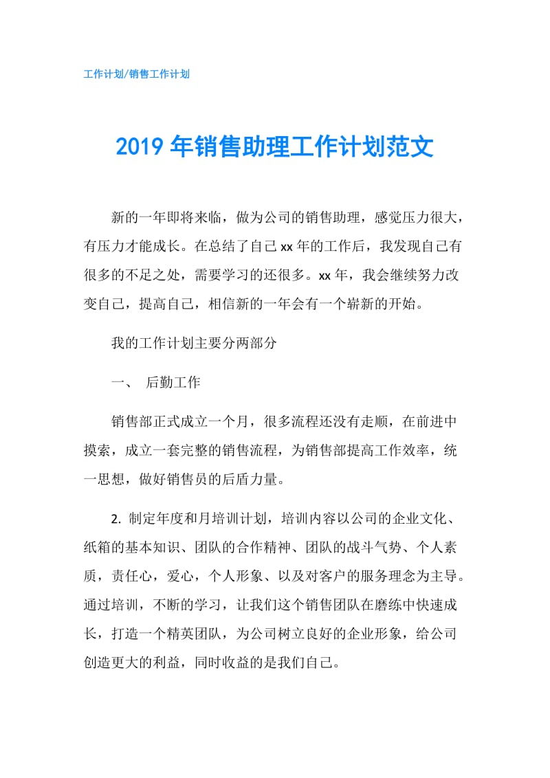 2019年销售助理工作计划范文.doc_第1页