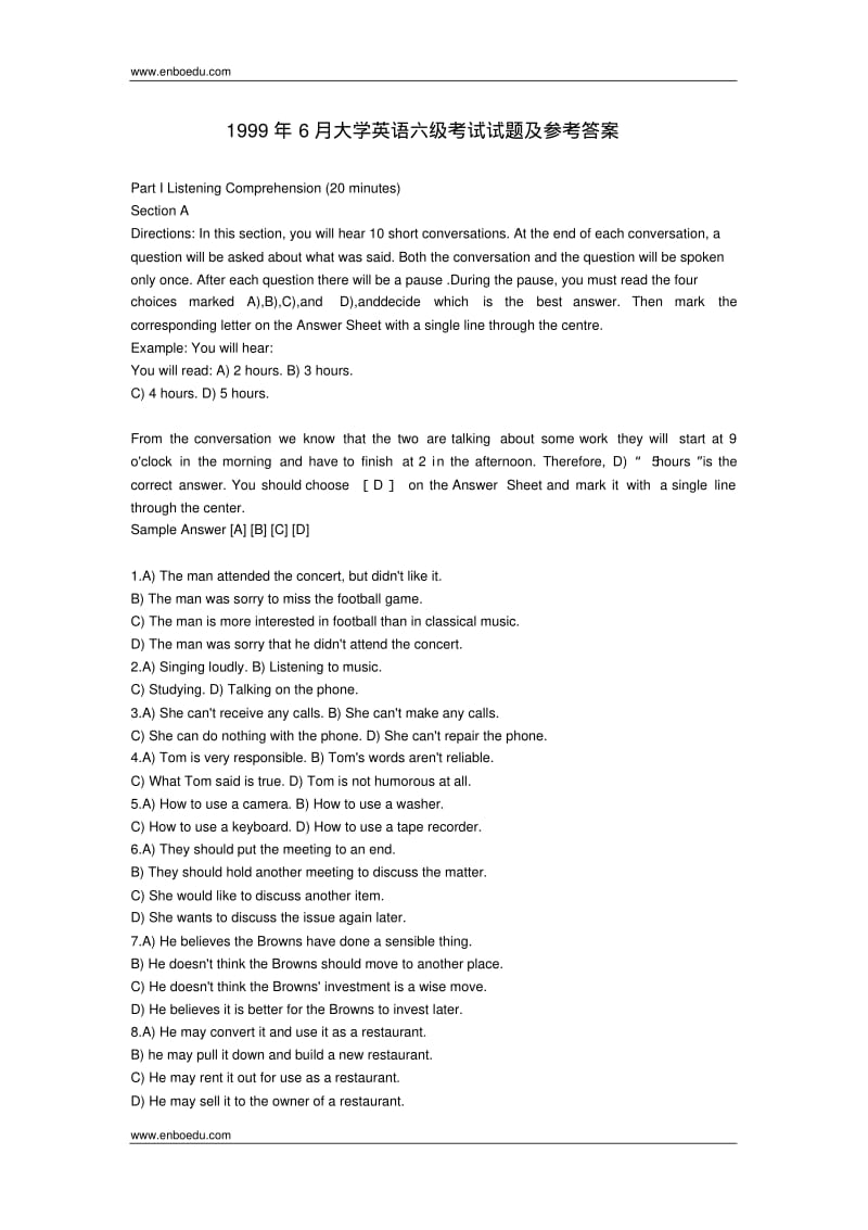1999年6月大学英语六级考试试题及参考答案.pdf_第1页