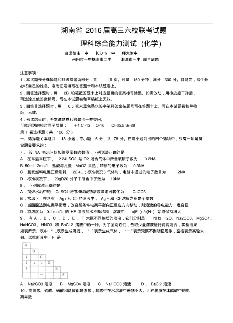 湖南省长沙一中等六校2016届高三联考理综化学试卷(含答案)分析.pdf_第1页