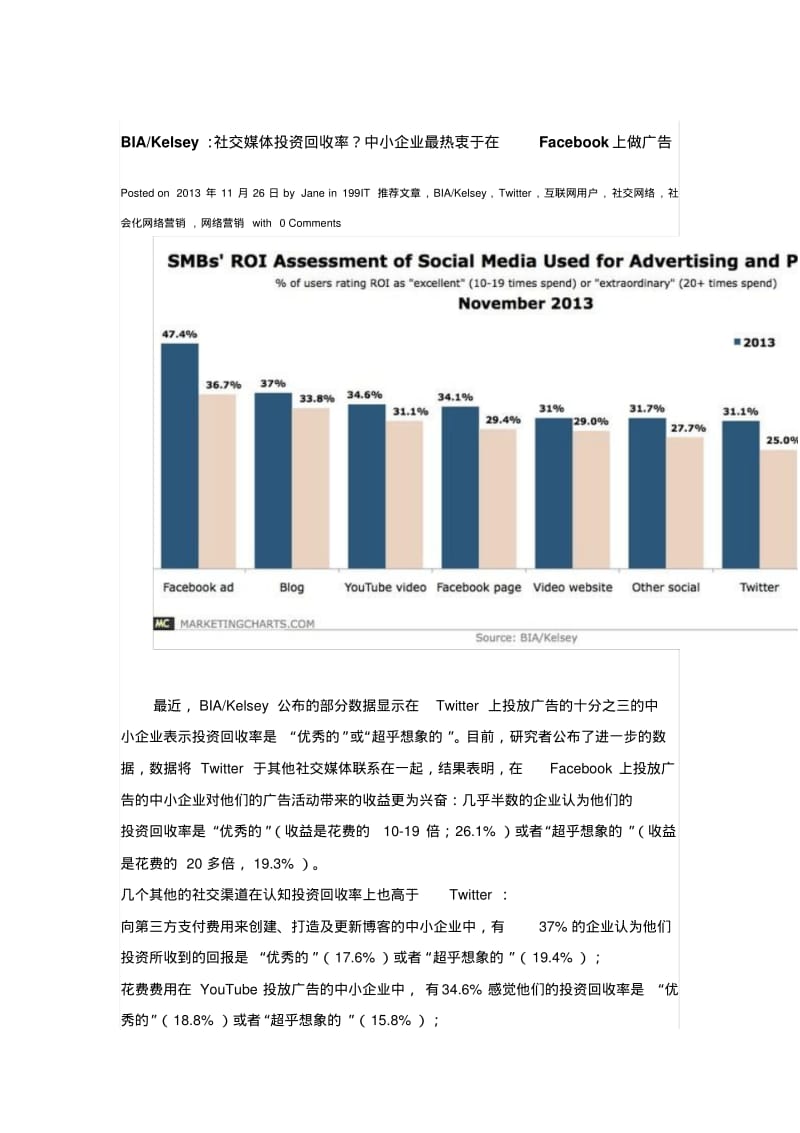 BIAKelsey社交媒体投资回收率？中小企业最热衷于在Facebook上做广告.pdf_第1页