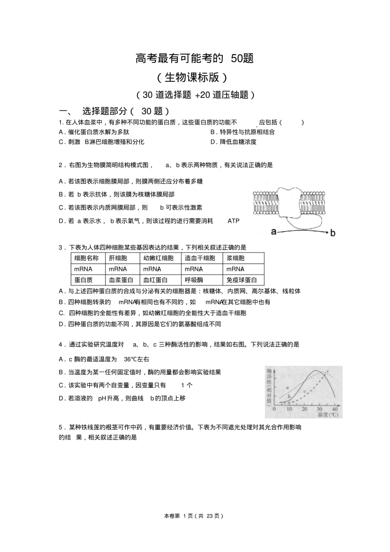 高考最有可能考的50题(30道选择题+20道压轴题)生物.pdf_第1页