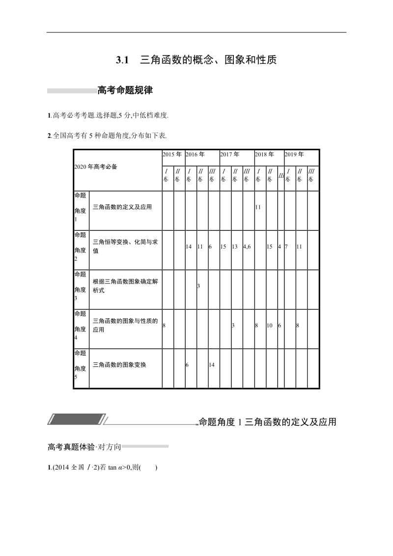 2020版高考数学培优考前练文科通用版练习：3.1　三角函数的概念、图象和性质 Word版含解析.docx_第1页