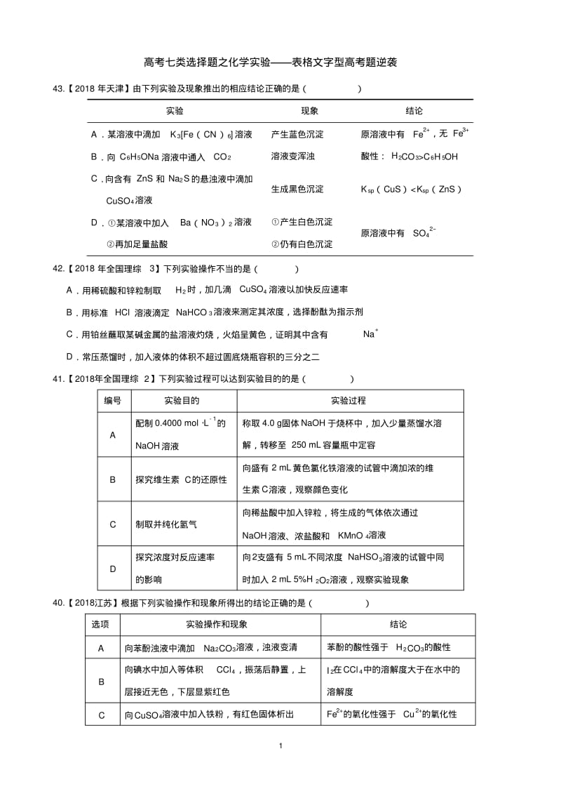 2019届高考七类选择题之化学实验——表格文字型高考题.pdf_第1页