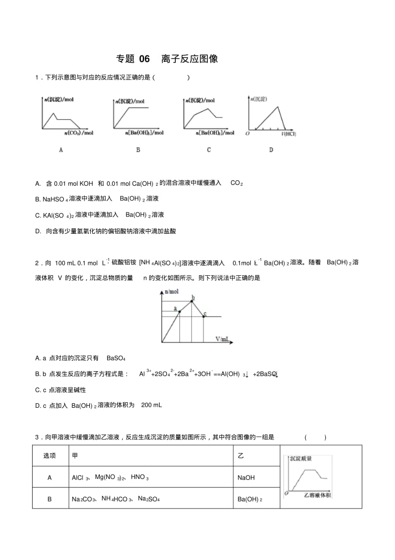 专题06离子反应图像-2019高考复习专题-离子反应(原卷版).pdf_第1页